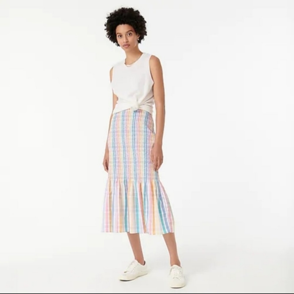 J Crew smocked midi skirt in gingham size 12 nwt